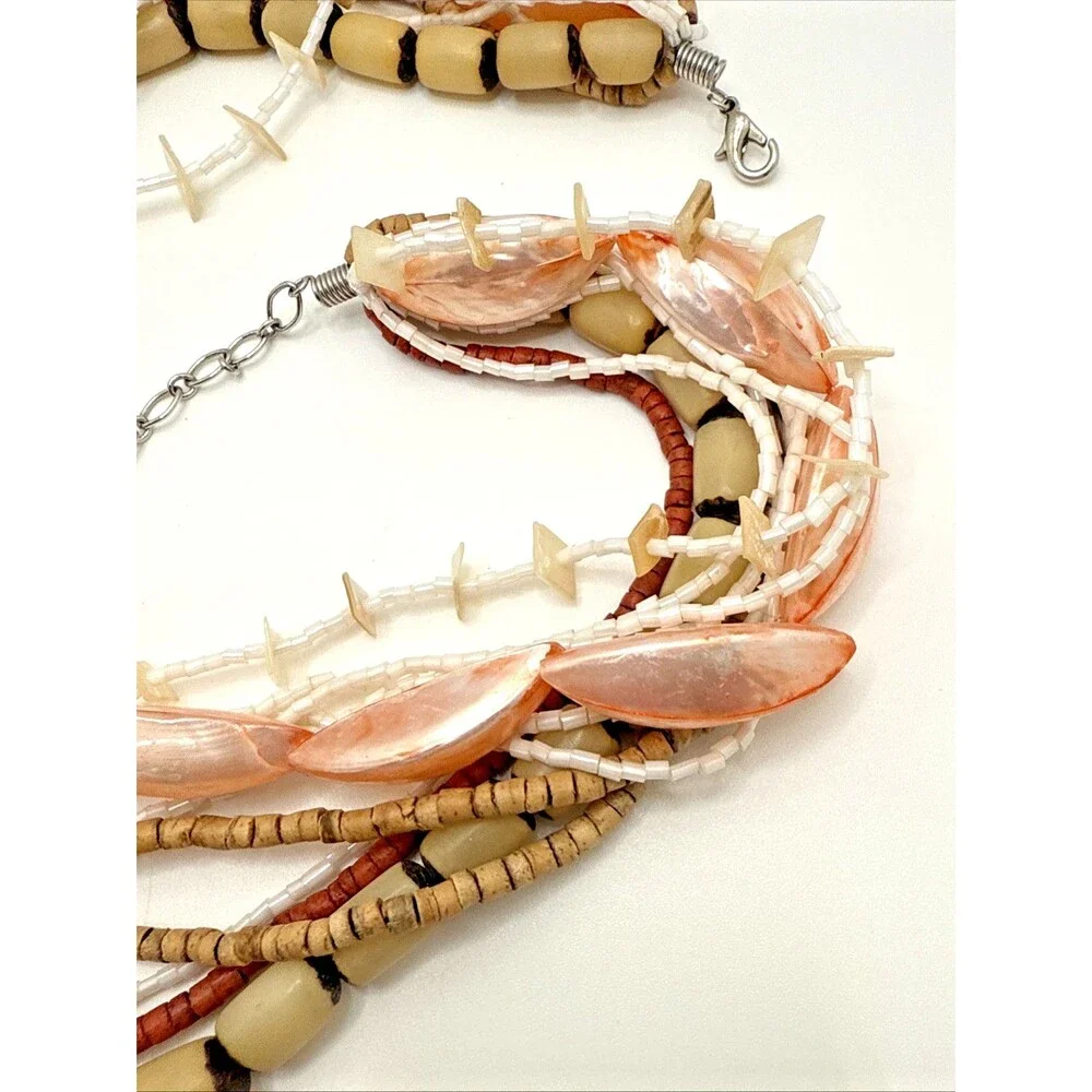 Boho Multi Strand Statement Necklace Pink Shell Beads Wood Tribal Pendant 18-20